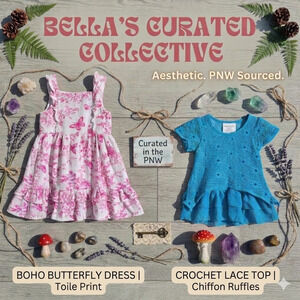 Btween Pink Floral Ruffle Dress Size 5 + Dragonchild Blue Boho Crochet Layer Top